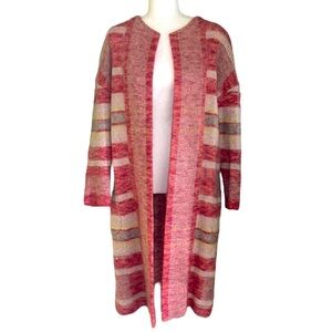 St. John Bright Coral Multi Plaid Striped Mohair Knit Long Cardigan Jacket - L